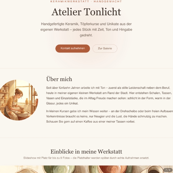 Screenshot der Webvisitenkarte für ein Keramikatelier.