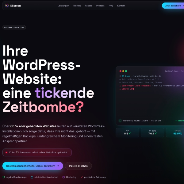Screenshot der Webvisitenkarte für die Dienstleistung zur WordPress Wartung.