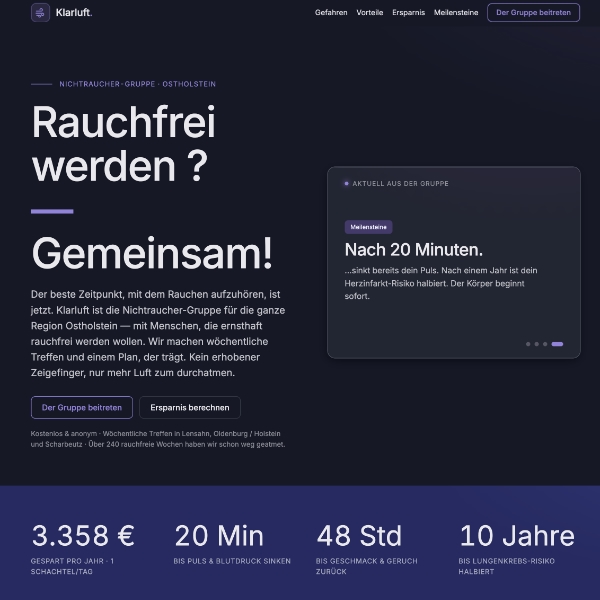 Screenshot der Webvisitenkarte für eine Nichtraucher-Gruppe.